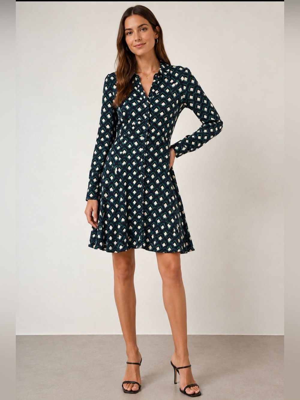 Zara Navy, Cream and Teal Geometric Button-Front Long Sleeve Dress NWOT